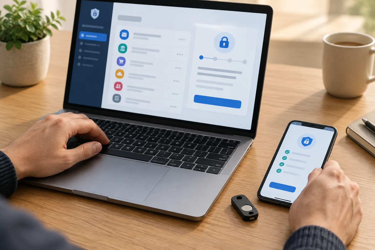 Des mains configurent un gestionnaire de mots de passe sur un ordinateur, avec un smartphone posé à côté.