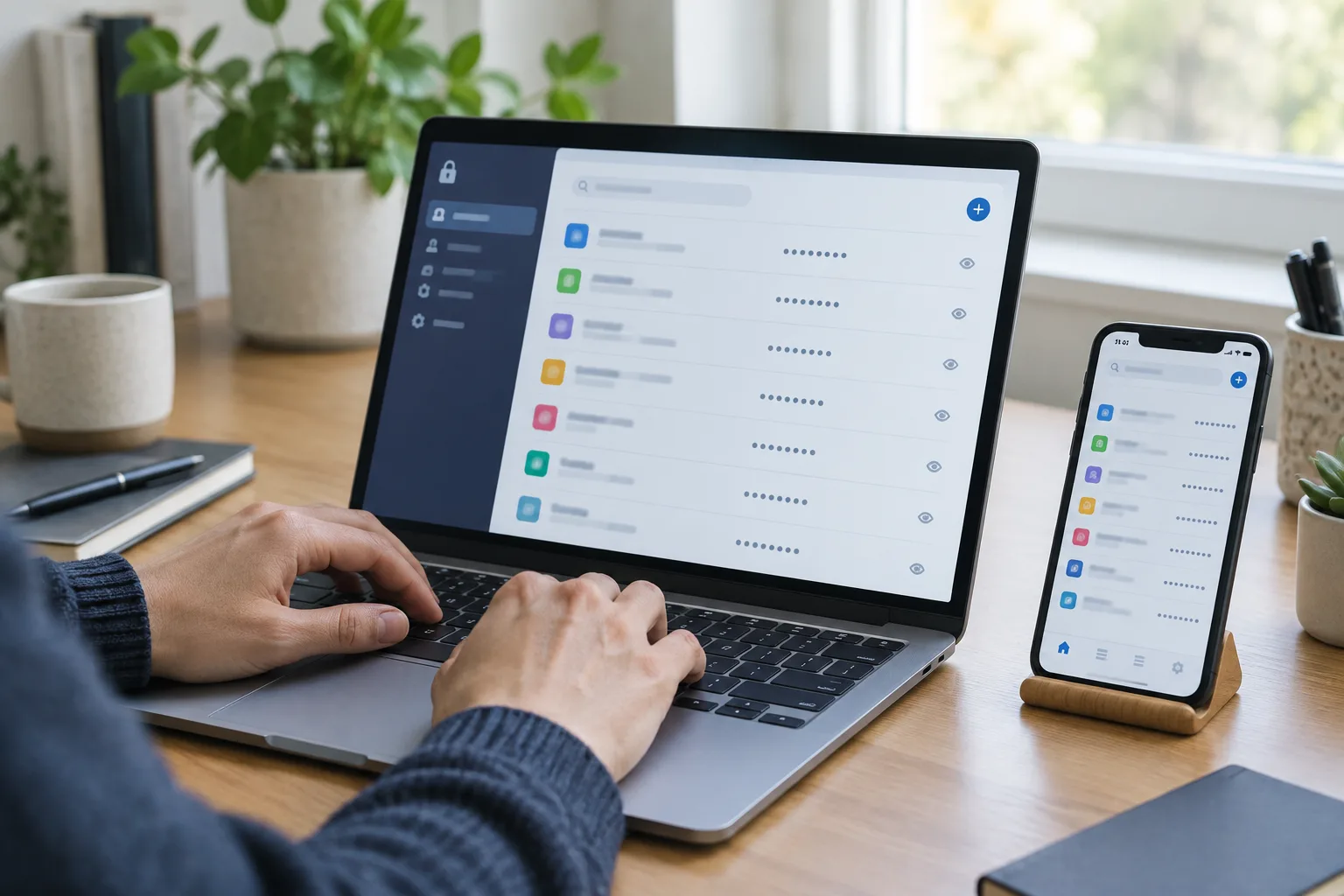 Un ordinateur portable et un smartphone affichent des interfaces de gestion de mots de passe sur un bureau.