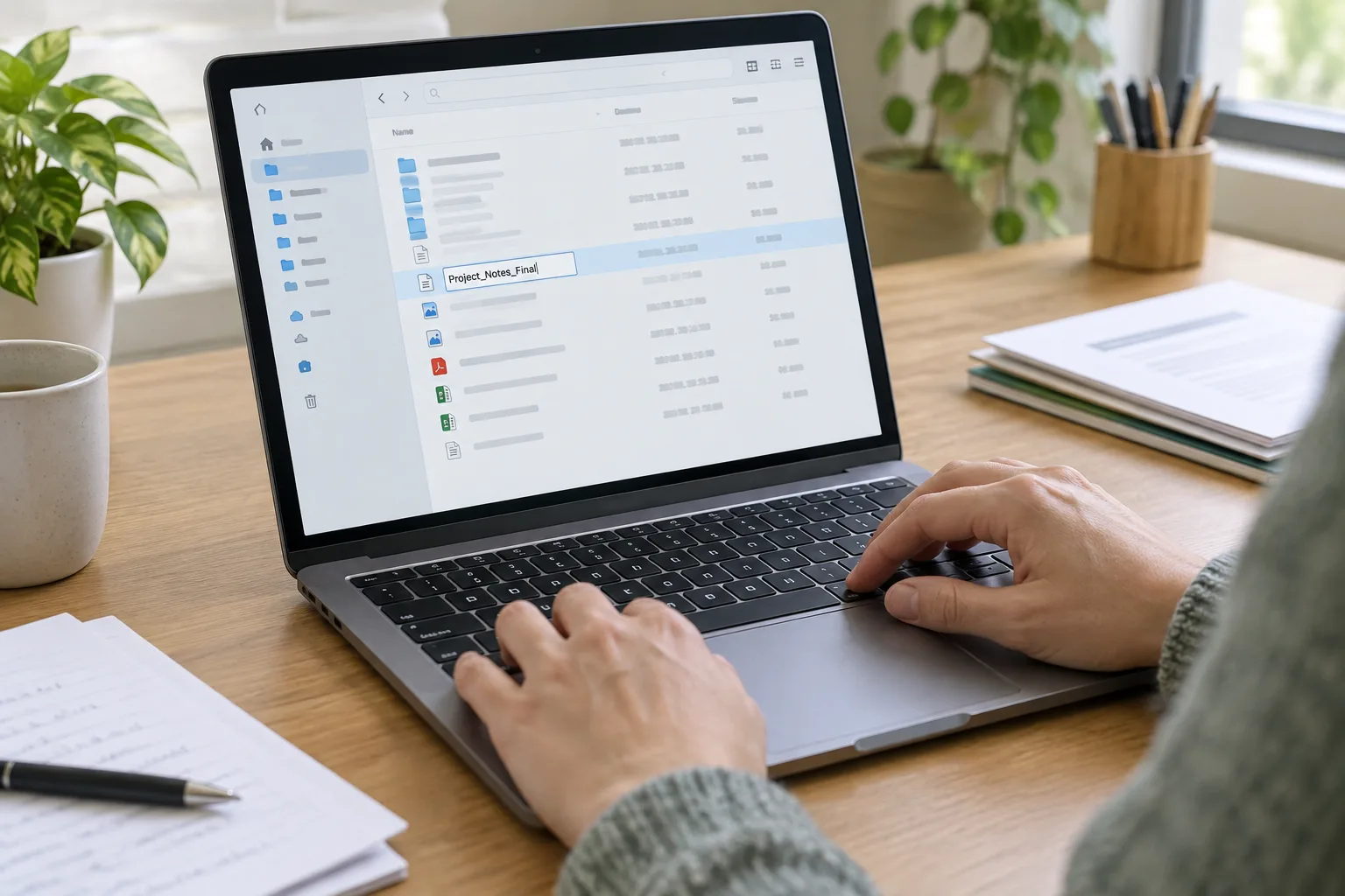 Des mains utilisent un ordinateur portable pour renommer un document dans un gestionnaire de fichiers.