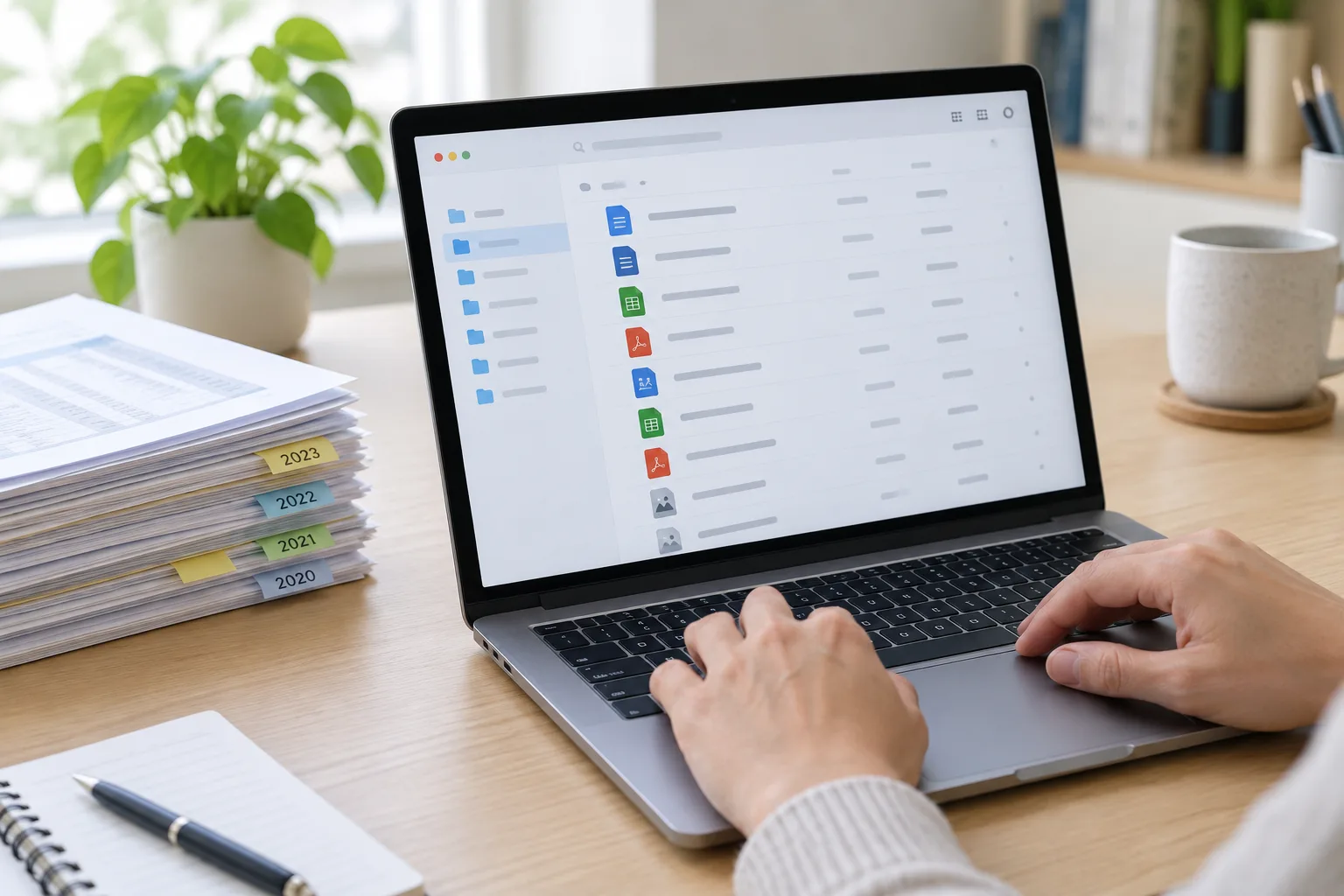 Des mains utilisent un ordinateur portable près de documents datés pour organiser des fichiers.