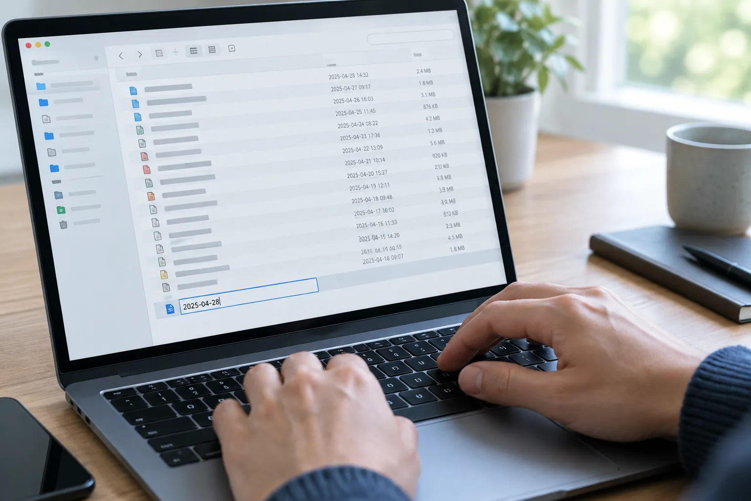 Des mains saisissent le nom daté d’un document sur un ordinateur portable.