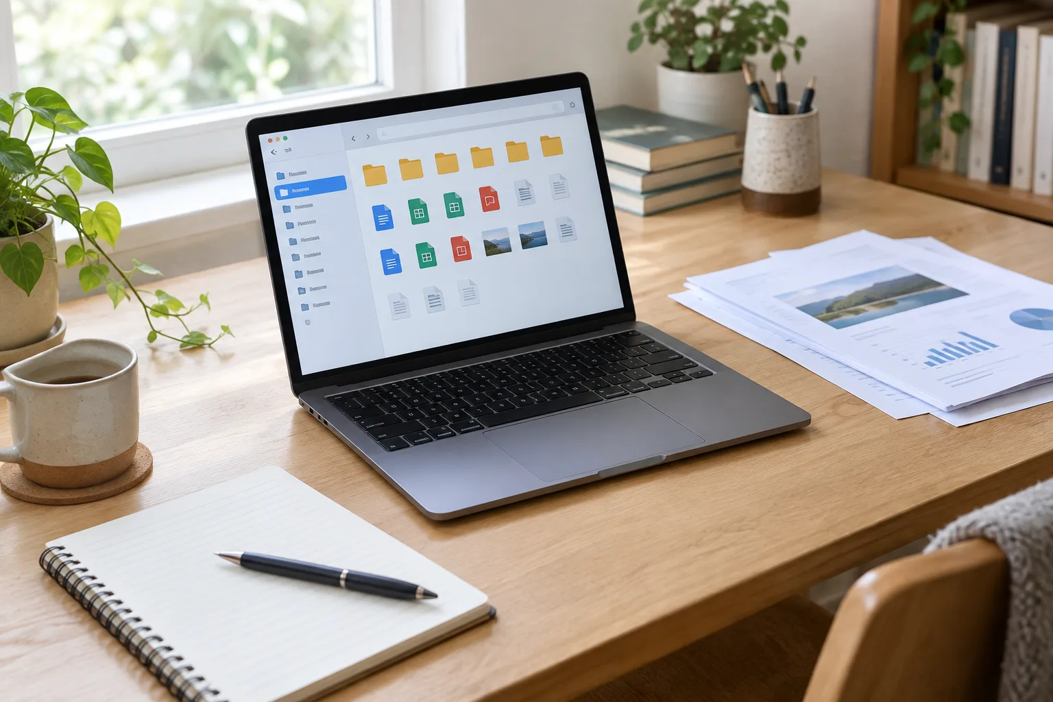 Un ordinateur portable ouvert sur un gestionnaire de fichiers, avec un carnet et des documents posés sur le bureau.
