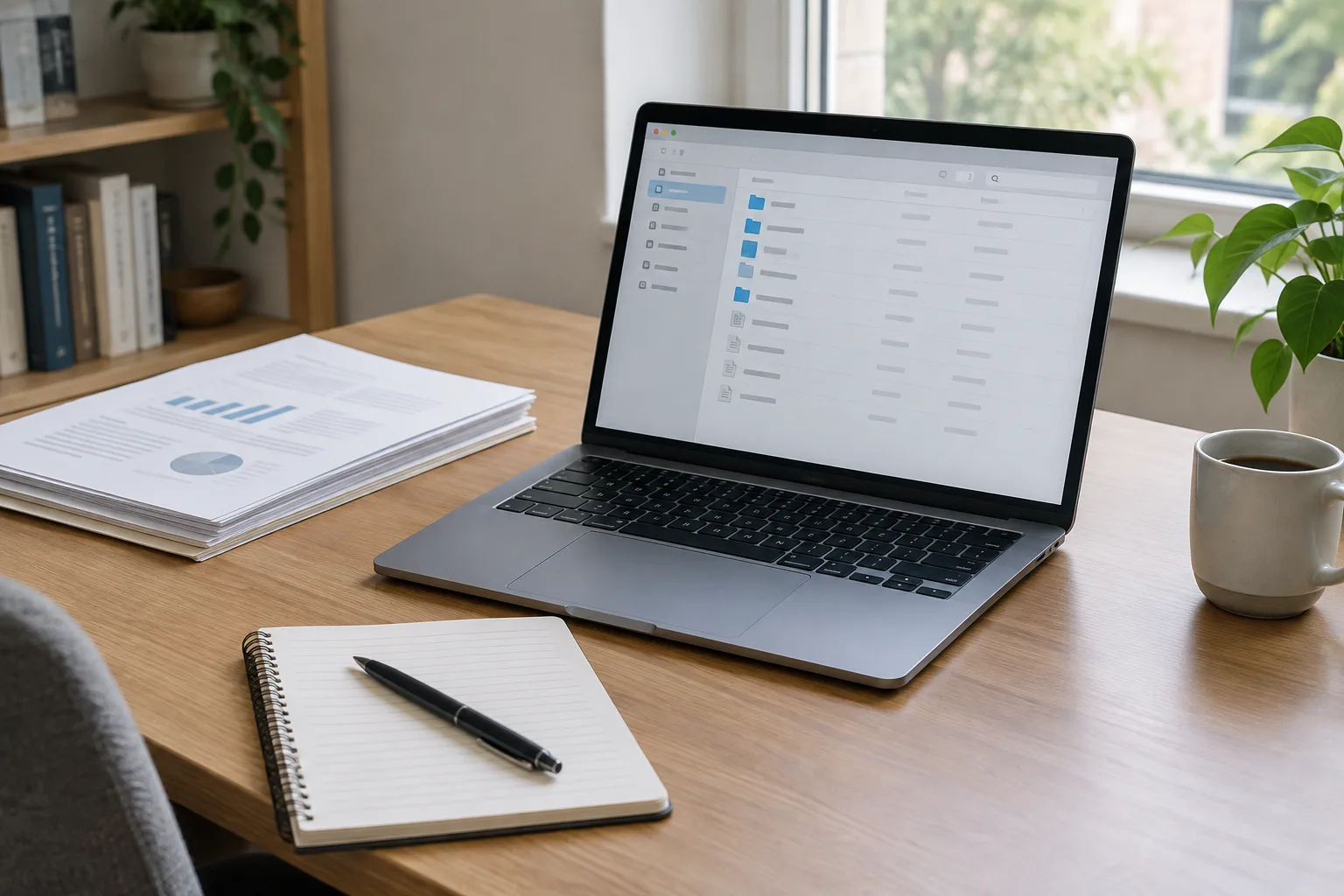 Un ordinateur portable ouvert à côté de documents papier soigneusement rangés.