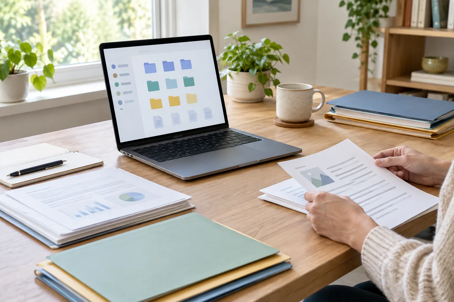 Un espace de travail où des documents papier sont rangés près d’un ordinateur portable.