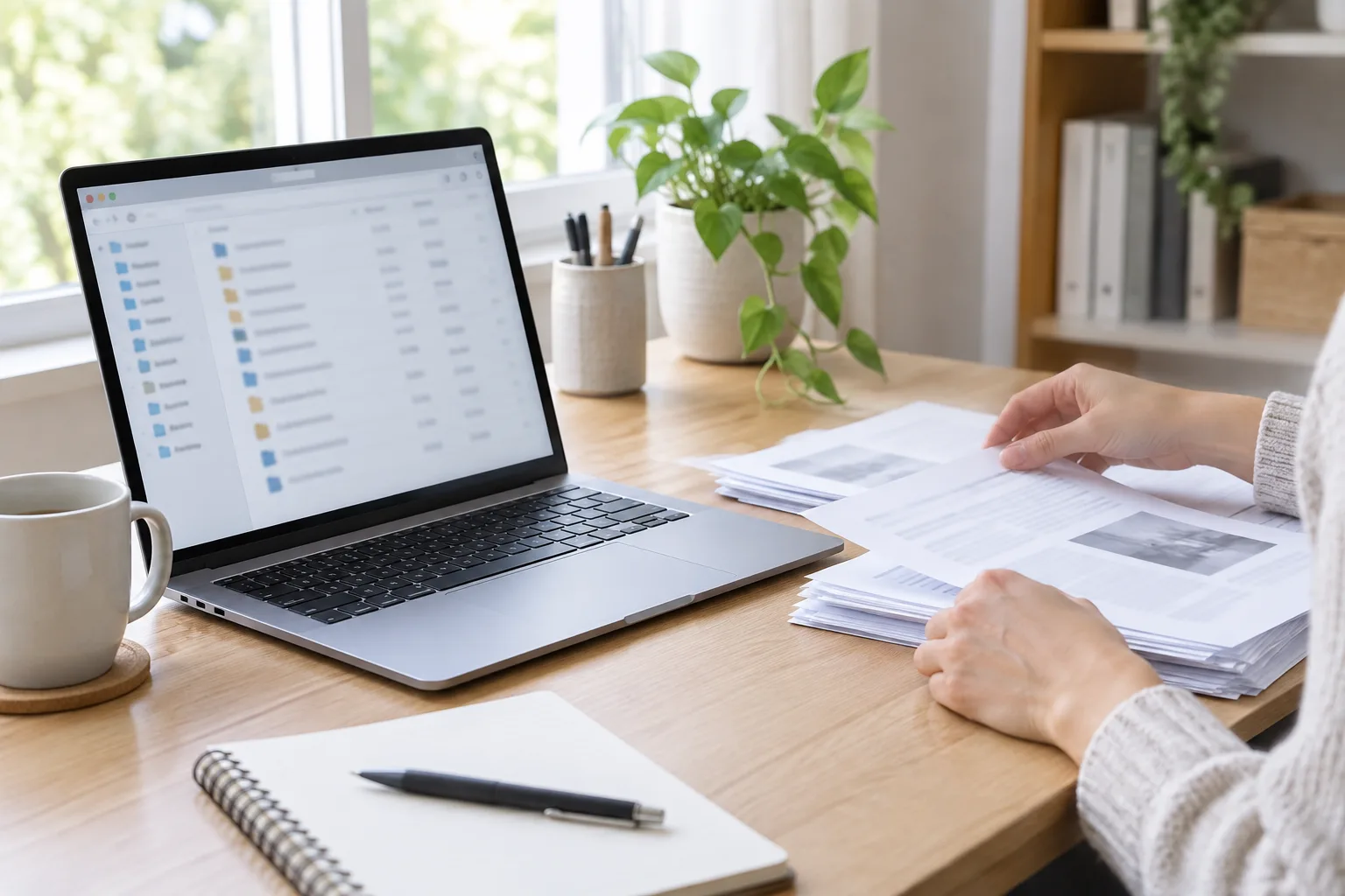 Un ordinateur portable ouvert sur un gestionnaire de fichiers, à côté de documents papier soigneusement rangés.