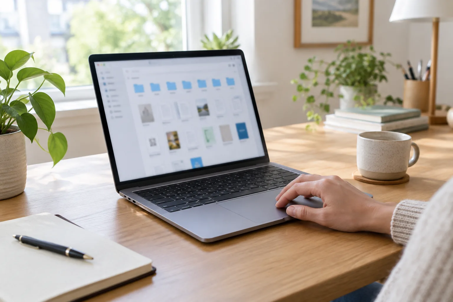 Un ordinateur portable affiche une interface de fichiers générique sur un bureau clair.