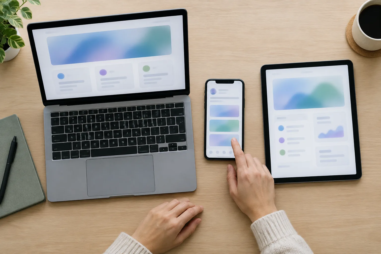 Un ordinateur, une tablette et un téléphone sont réunis sur un bureau pour comparer les appareils utilisés.