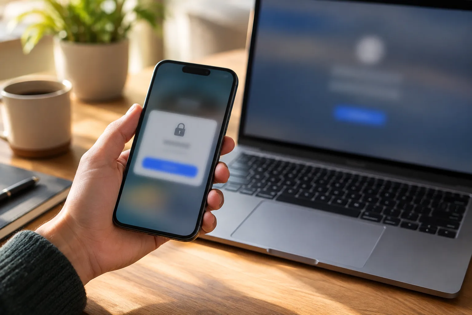 Une personne tient un téléphone près d’un ordinateur pendant une vérification de connexion.