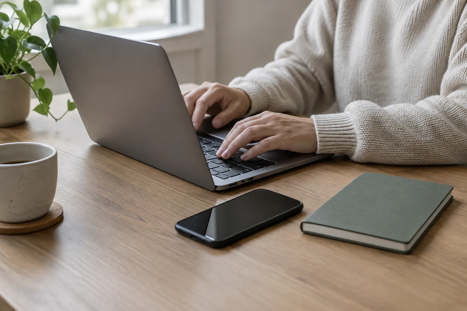 Des mains utilisent un ordinateur portable et un téléphone sur un bureau rangé.