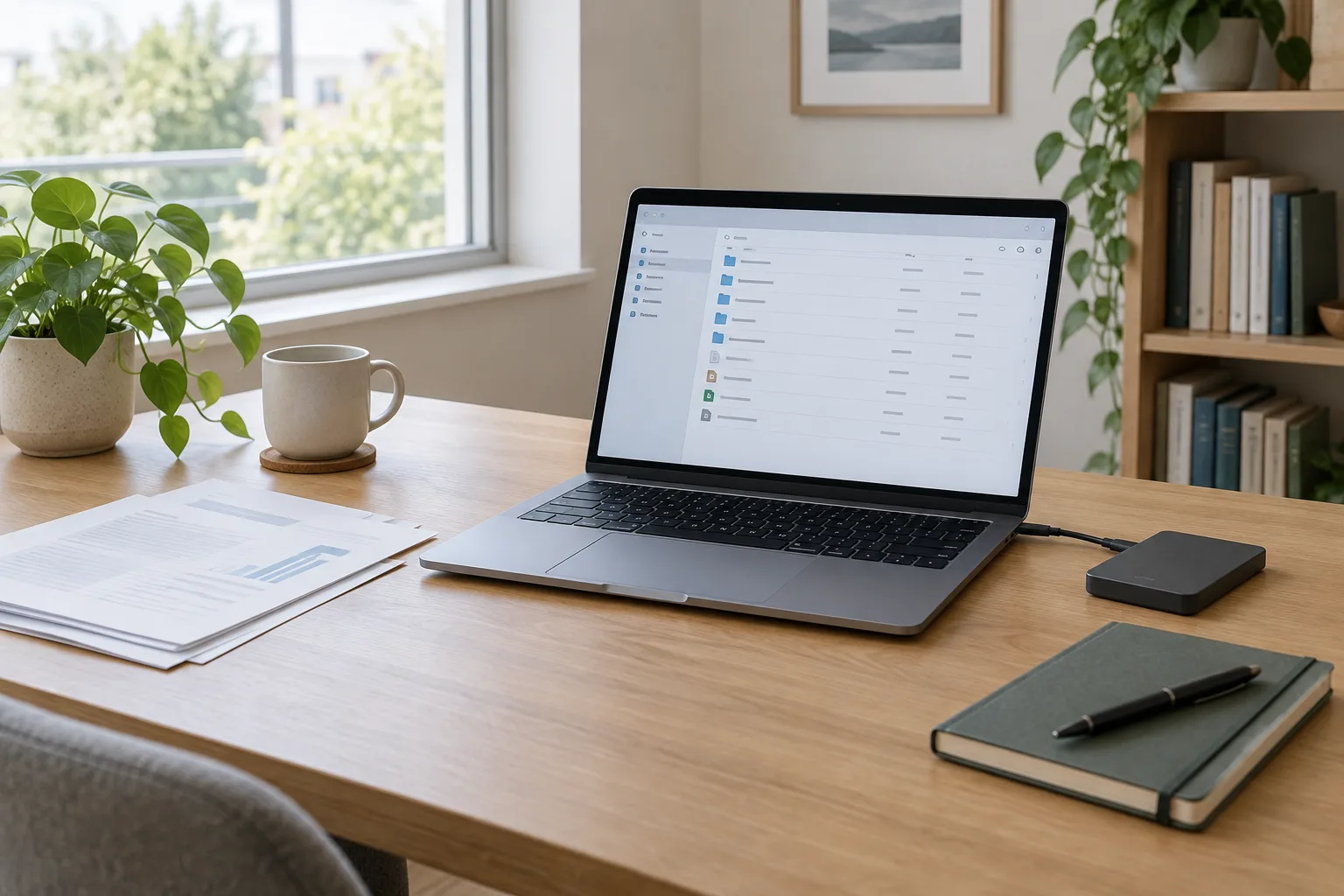 Un ordinateur portable ouvert à côté de documents rangés sur un bureau.