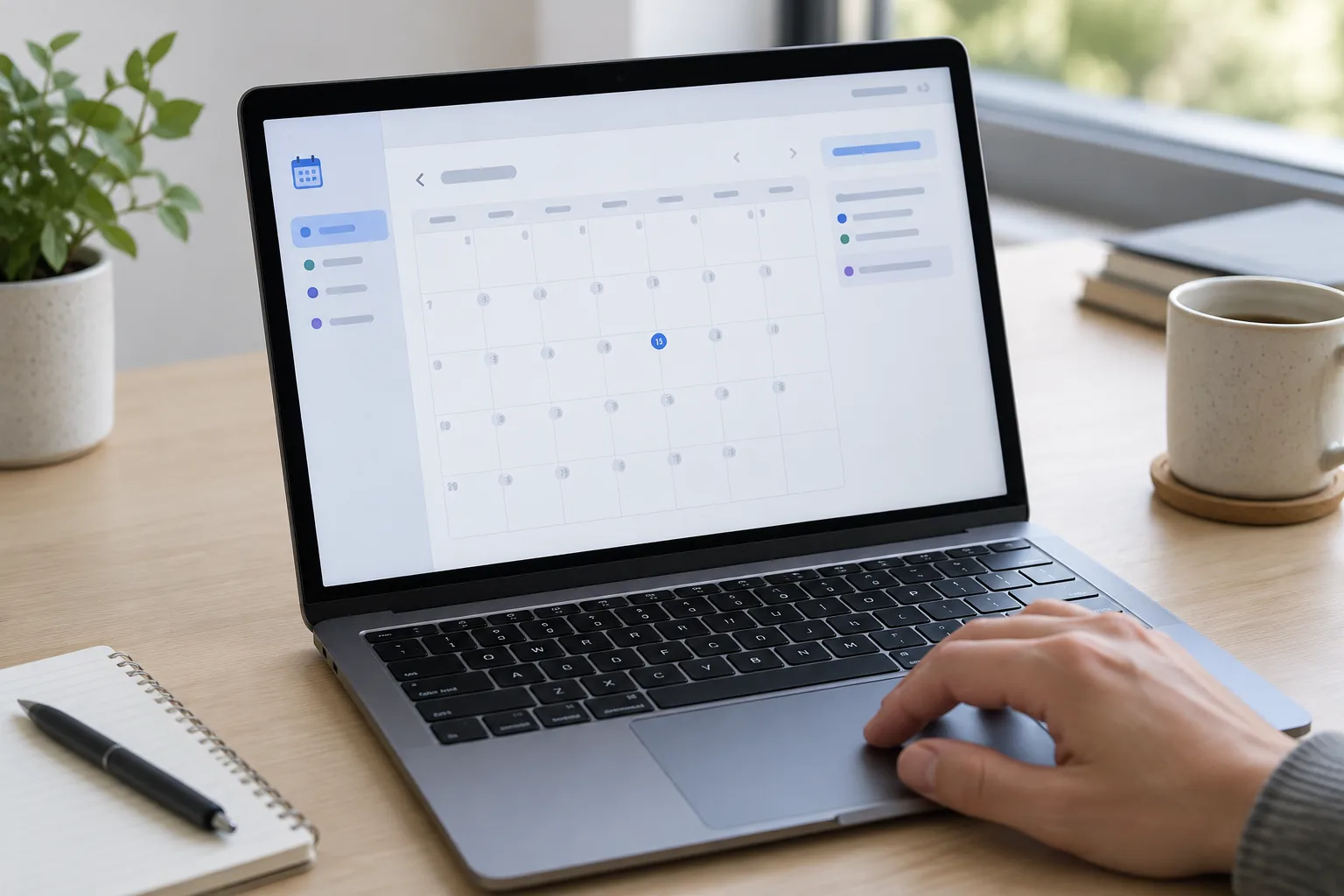 Un calendrier numérique est ouvert sur un ordinateur posé sur un bureau.