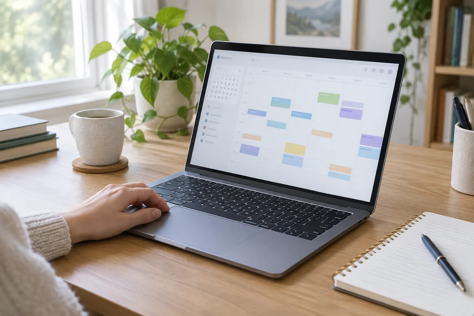 Un ordinateur portable affiche une vue de calendrier dans un espace de travail lumineux.