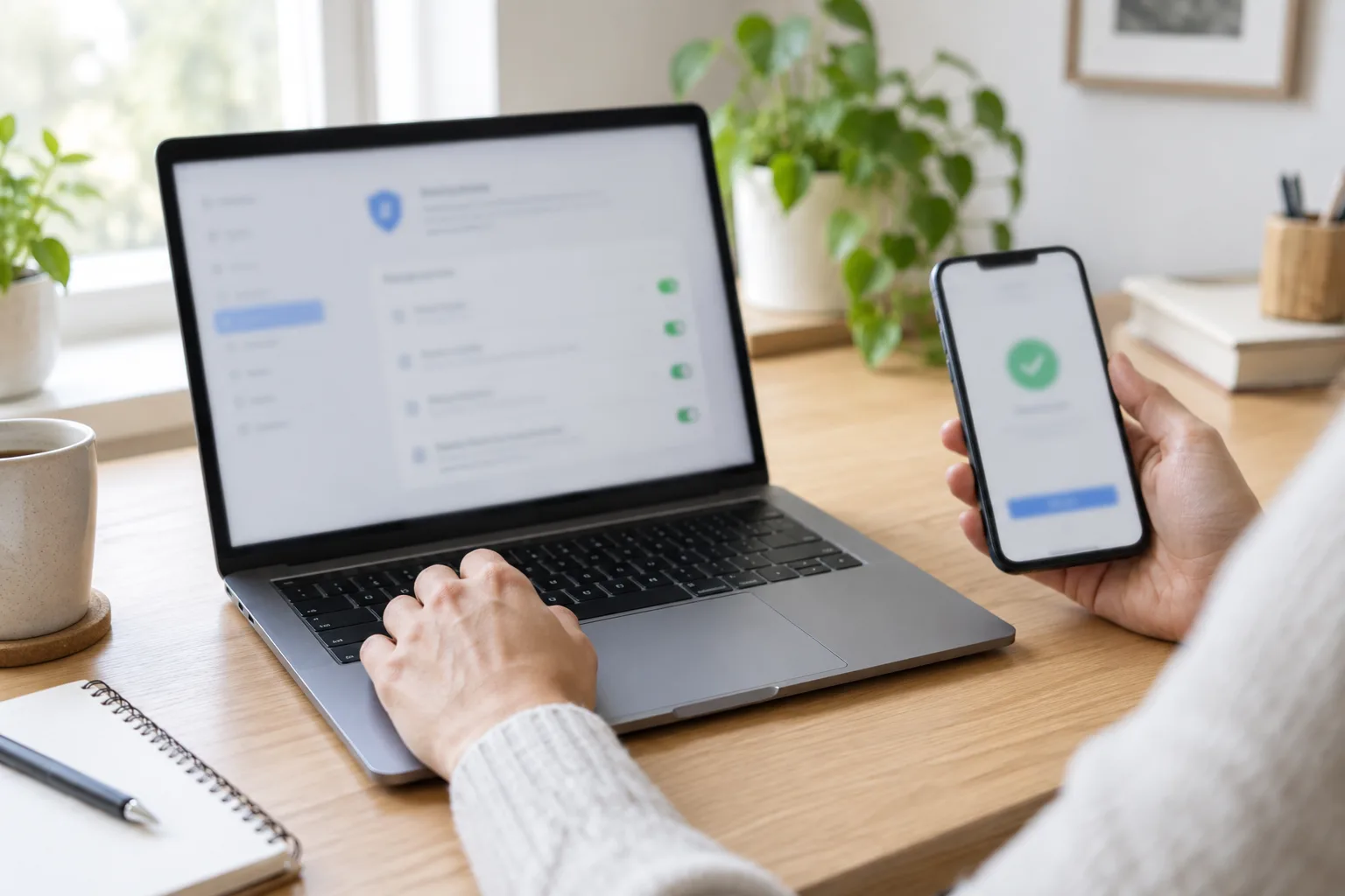 Une personne consulte les réglages de sécurité sur un ordinateur et tient un téléphone pour confirmer une connexion.