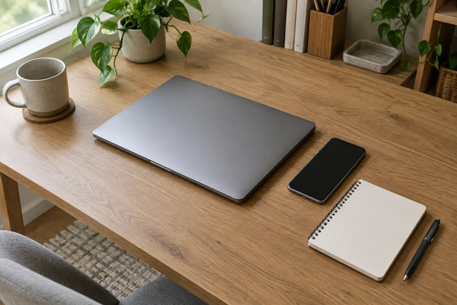 Un ordinateur portable, un téléphone et un carnet vierge réunis sur un bureau rangé.