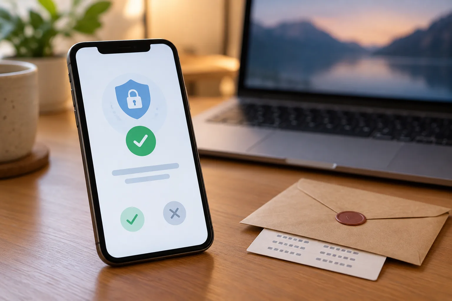 Un téléphone affichant une demande de validation, près d’un ordinateur et d’une enveloppe fermée.