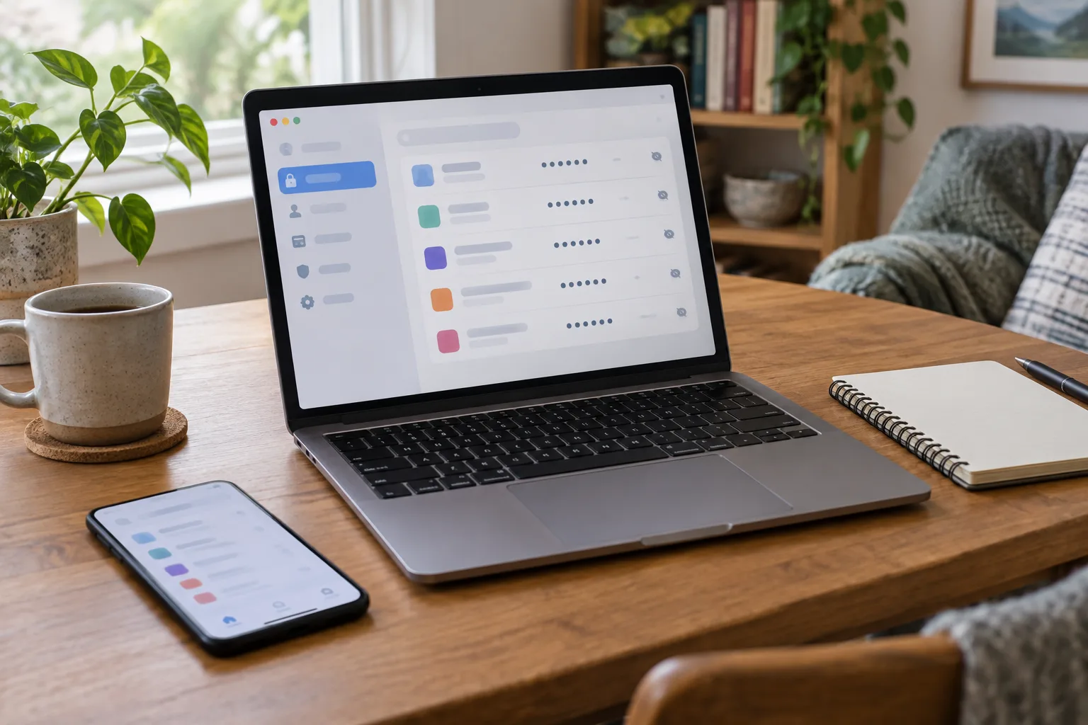 Un ordinateur portable et un téléphone posés sur un bureau, à côté d’un carnet ouvert.