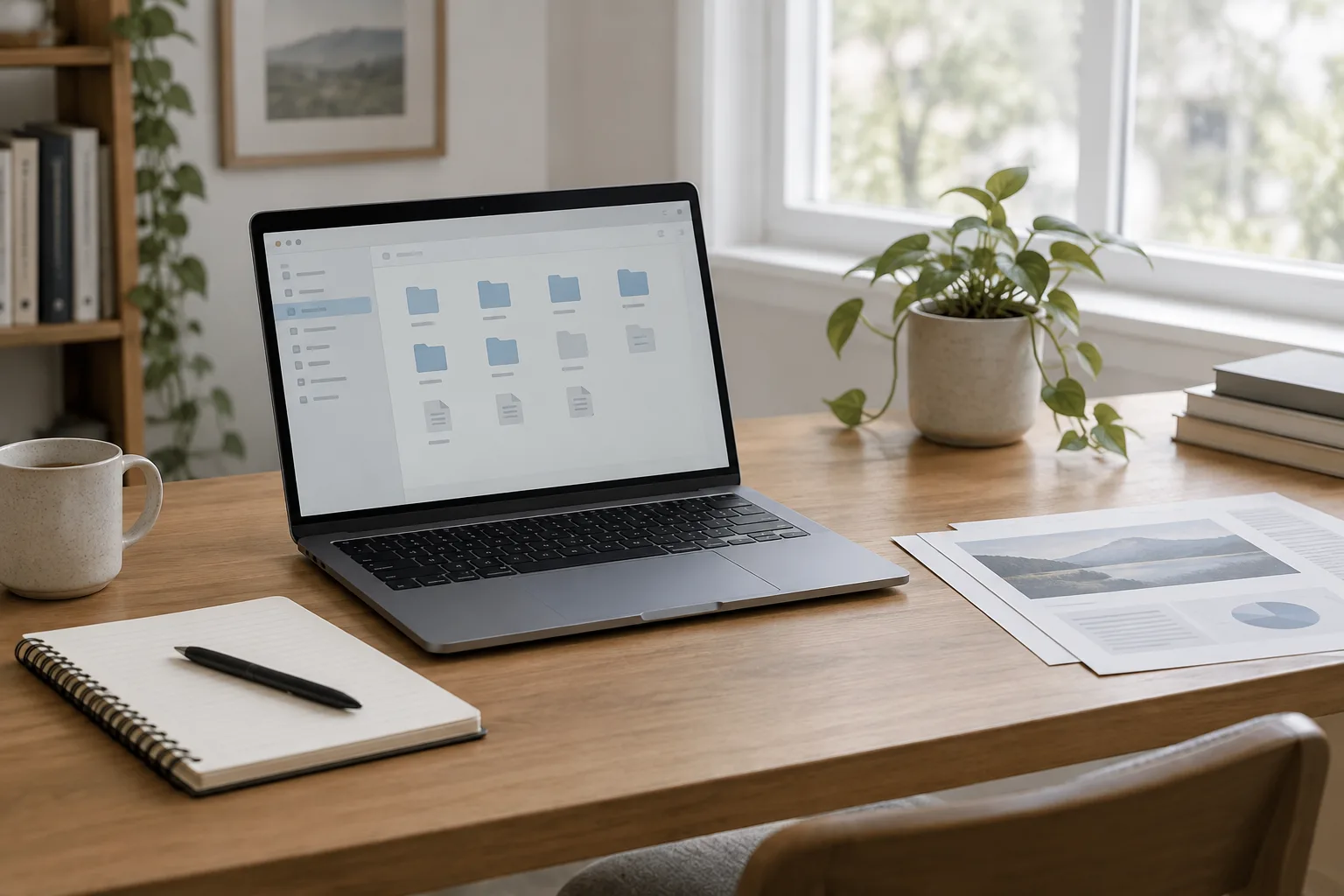 Un ordinateur portable ouvert sur une interface de fichiers, avec un carnet et des documents rangés sur un bureau.