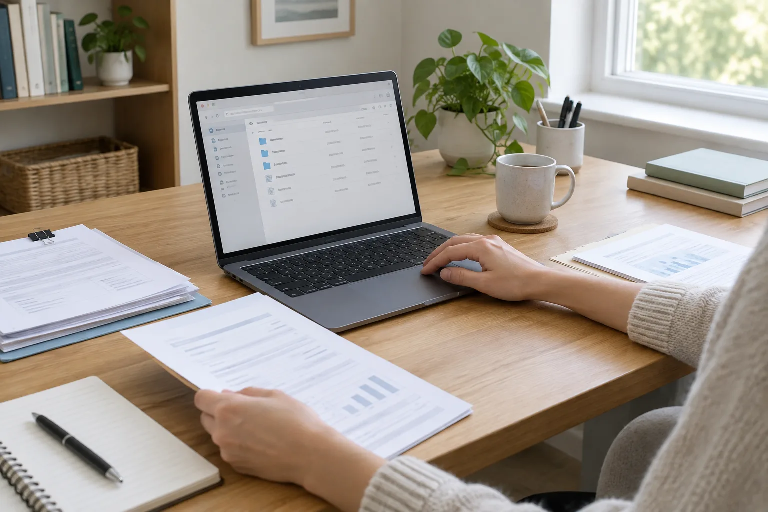 Un espace de travail où des documents papier sont triés près d’un ordinateur portable.