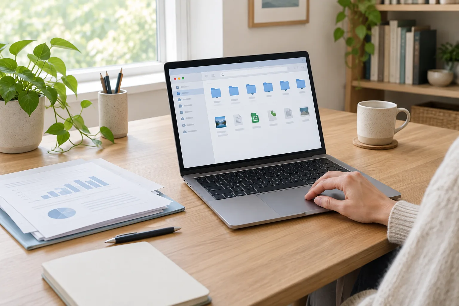 Un ordinateur portable ouvert sur une interface de gestion de fichiers, posé sur un bureau lumineux.