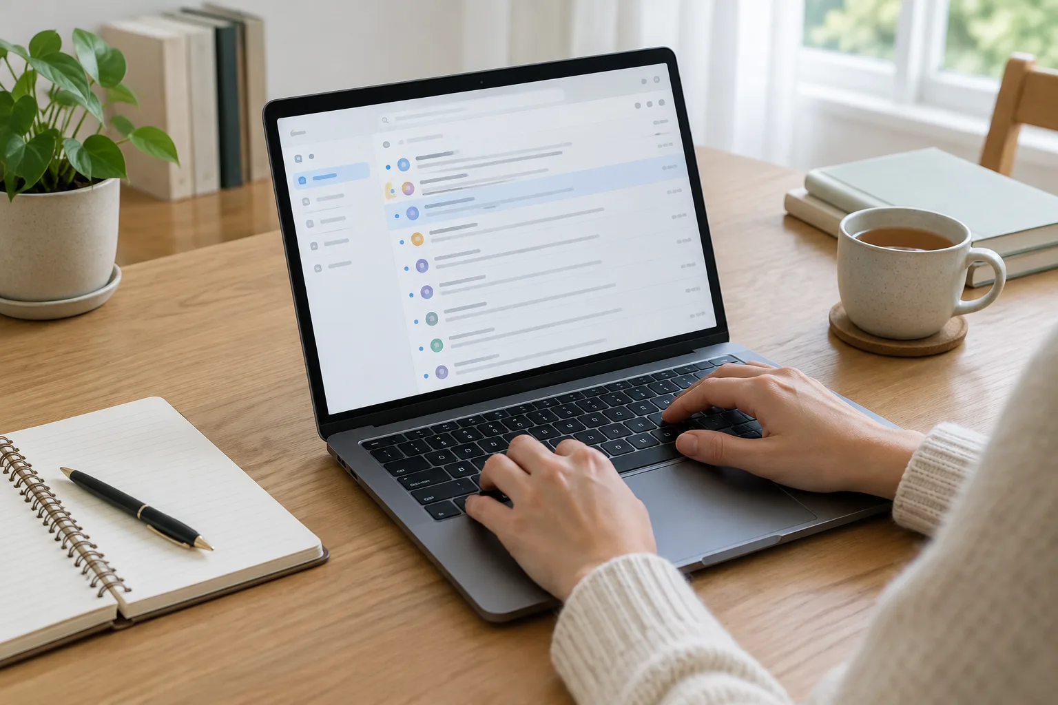 Un ordinateur portable ouvert sur une boîte mail, posé sur un bureau rangé.