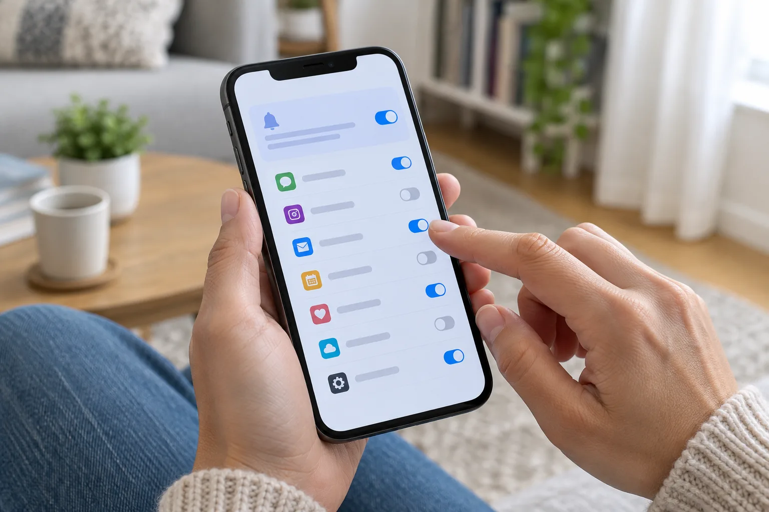 Des réglages de notifications sont ajustés sur un smartphone tenu à la main.
