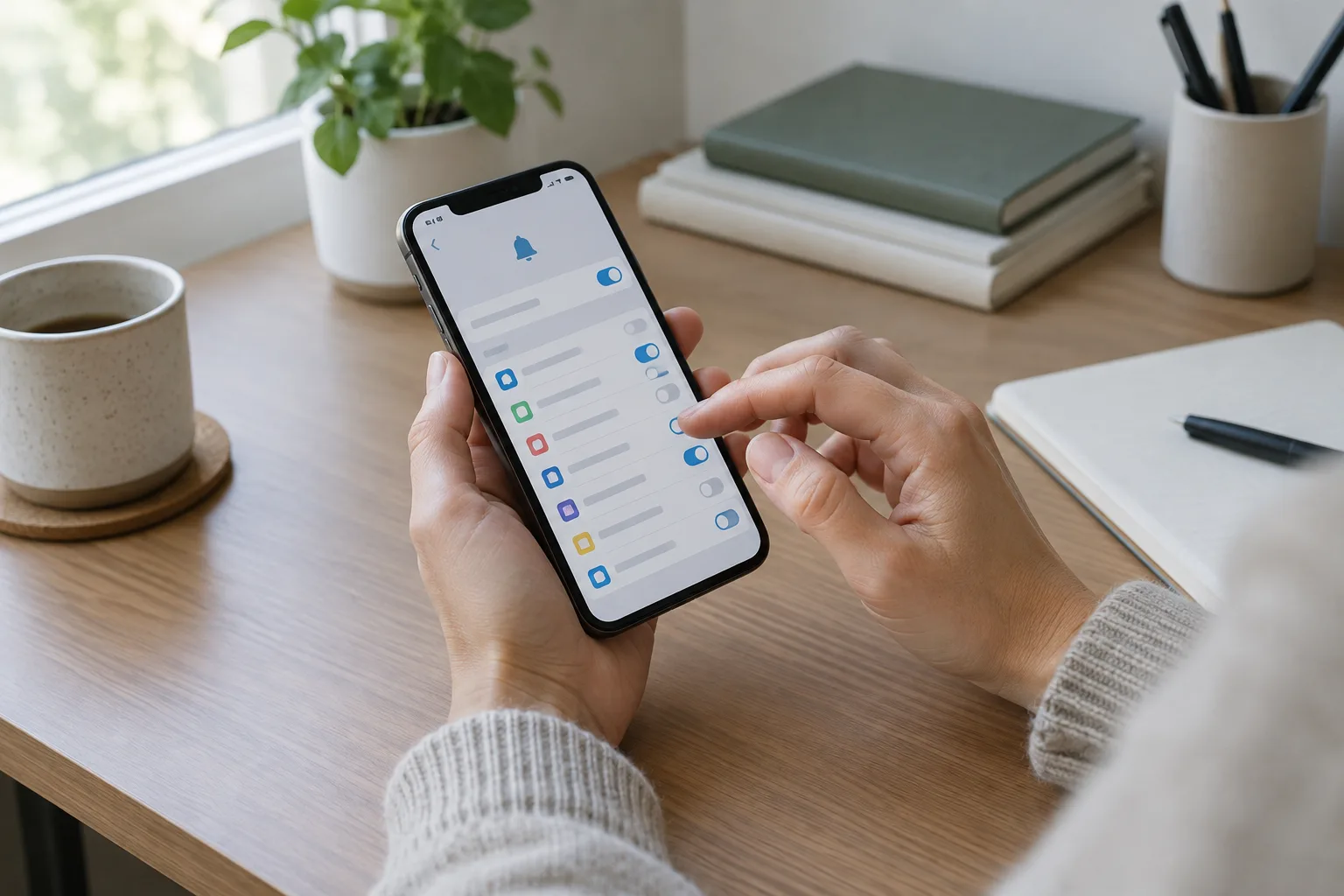 Une personne consulte les réglages de notifications de son smartphone à son bureau.