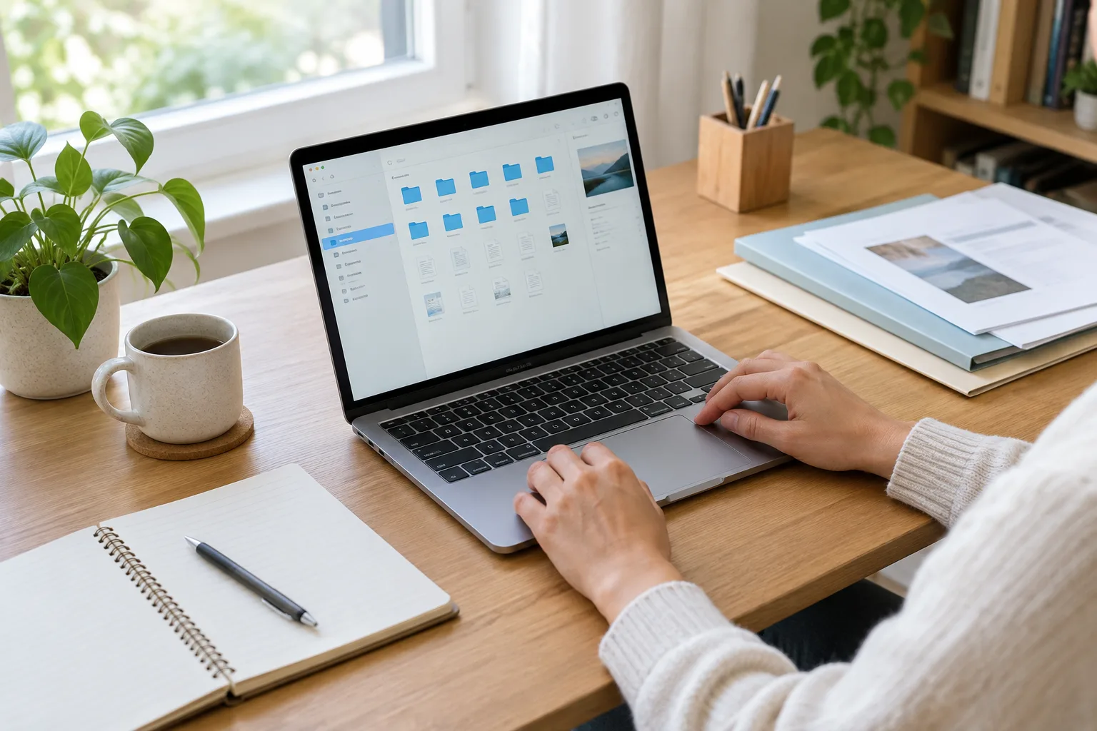 Des mains utilisent un ordinateur portable posé sur un bureau rangé, à côté d’un carnet et de quelques papiers.