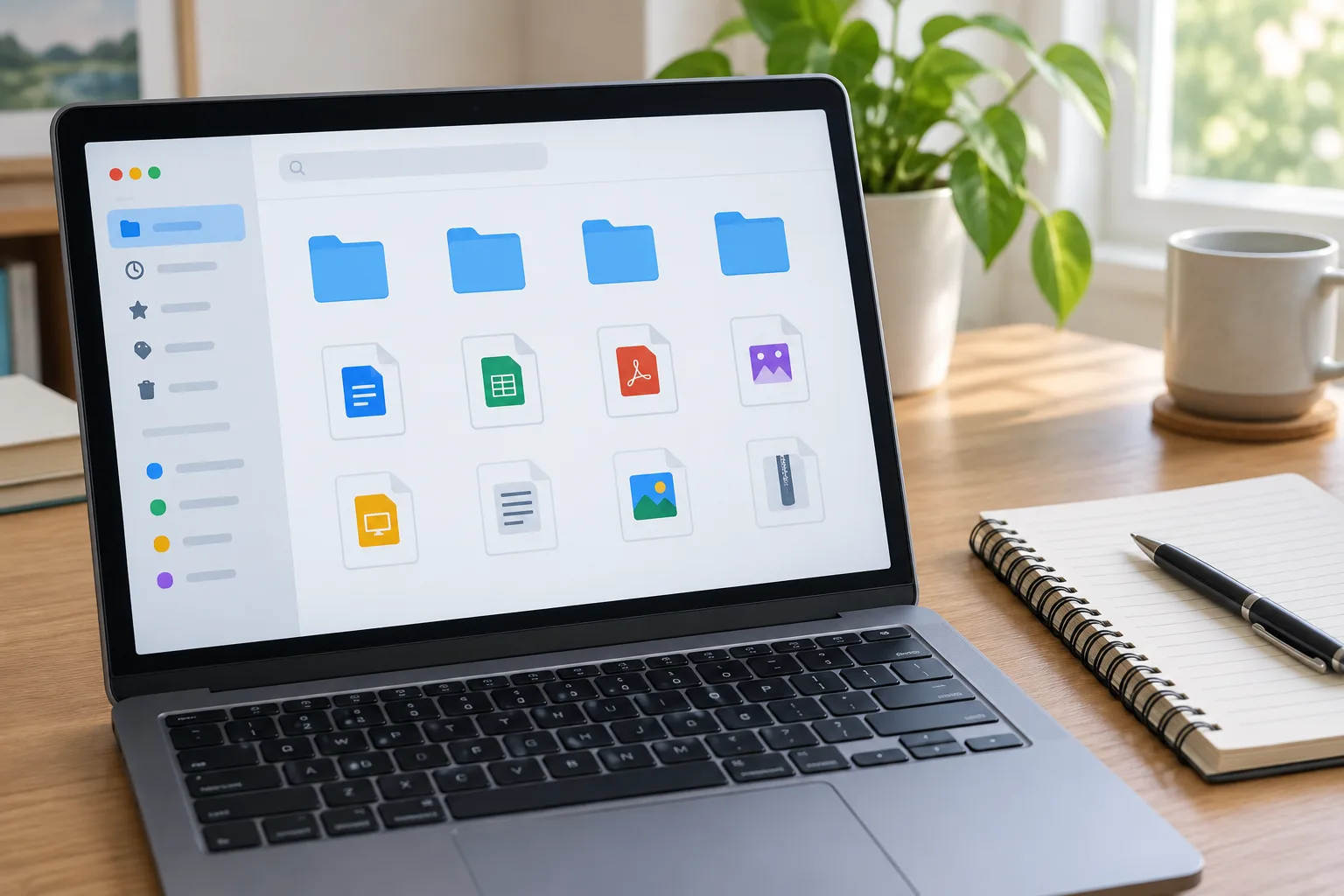 Une interface de fichiers organisée sur un ordinateur portable, avec des documents regroupés dans des dossiers.