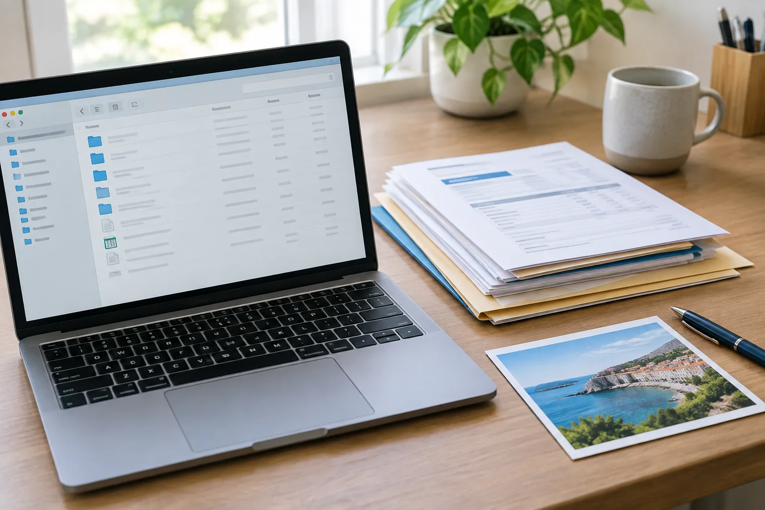 Un ordinateur portable et des documents personnels illustrent le classement de factures et de souvenirs de voyage.