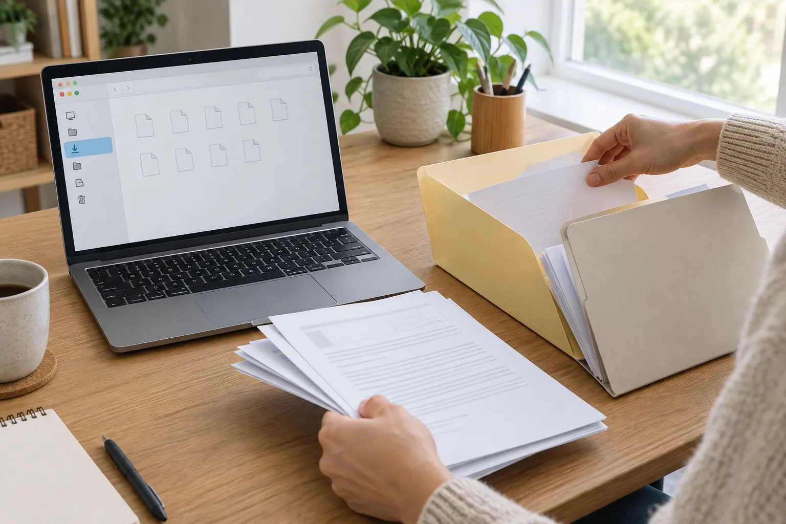Des documents papier sont triés dans des dossiers à côté d’un ordinateur portable ouvert.