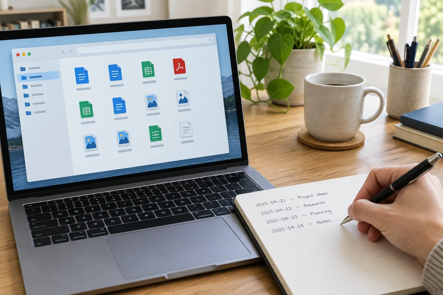 Un écran de gestion de fichiers à côté d’une note illustrant une méthode de classement.