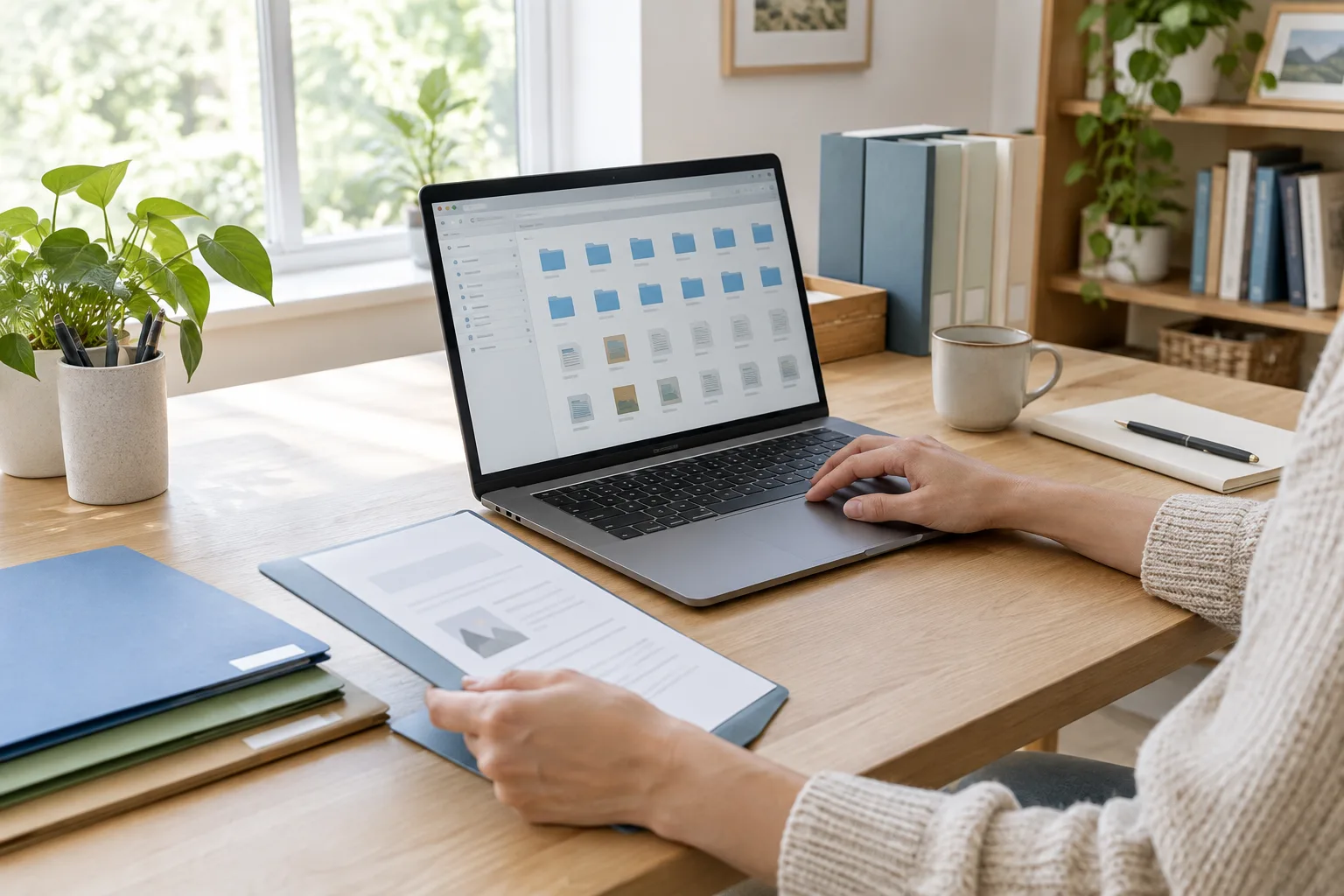 Un ordinateur portable ouvert sur une fenêtre de fichiers générique, avec des dossiers rangés sur un bureau.