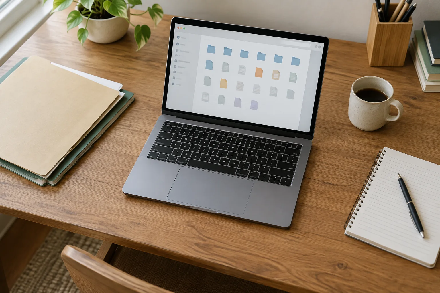 Un ordinateur portable ouvert sur un bureau organisé, avec des dossiers papier à proximité.