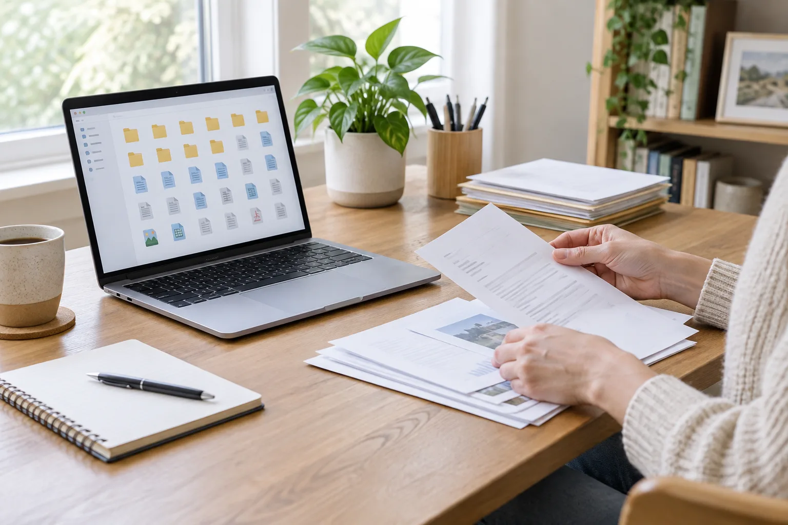 Des documents papier et un ordinateur portable ouvert sur des icônes de dossiers.