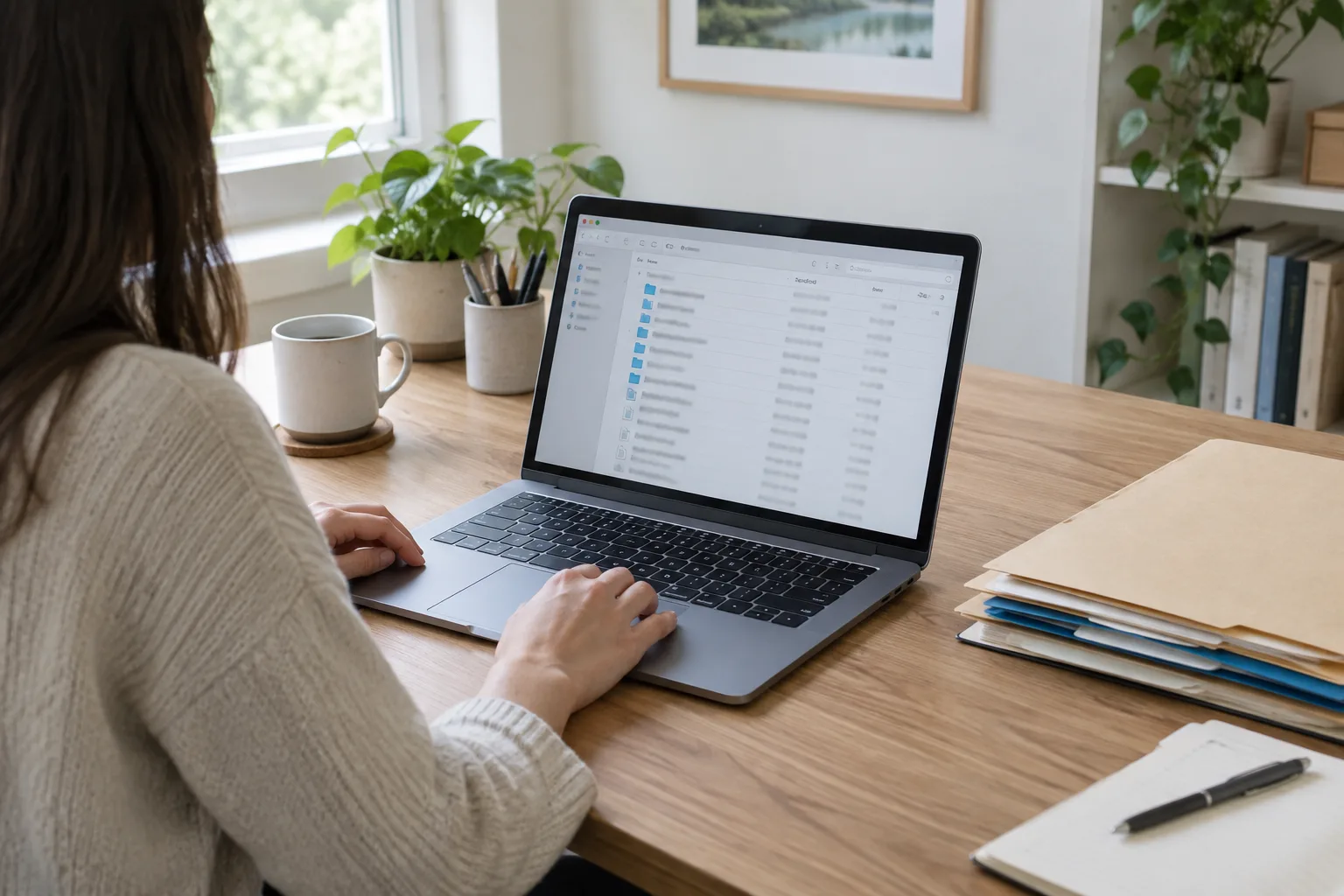 Un ordinateur ouvert sur une interface de classement de fichiers, posé sur un bureau rangé.