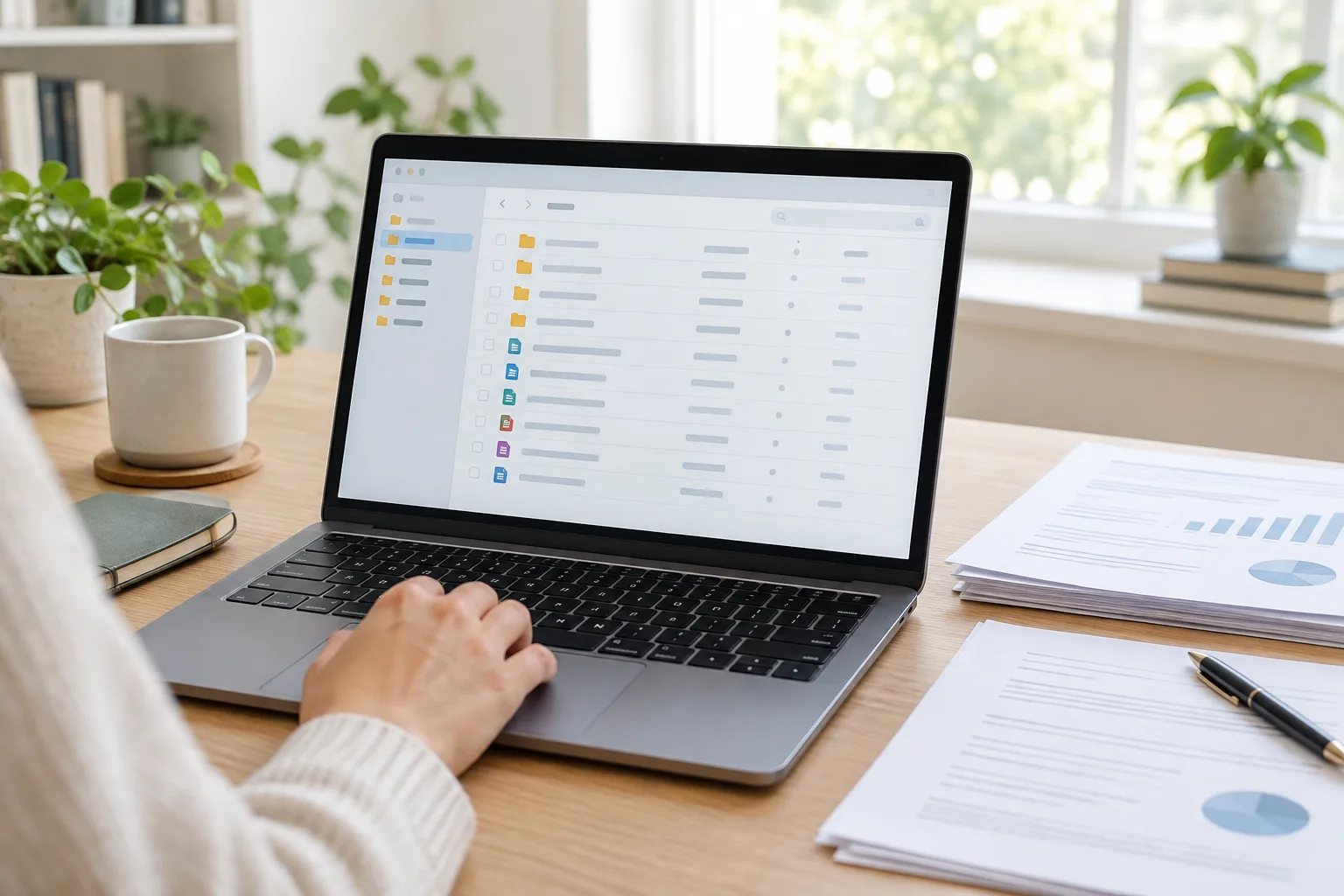 Ordinateur portable ouvert sur une fenêtre de gestion de fichiers, avec des documents rangés sur un bureau.