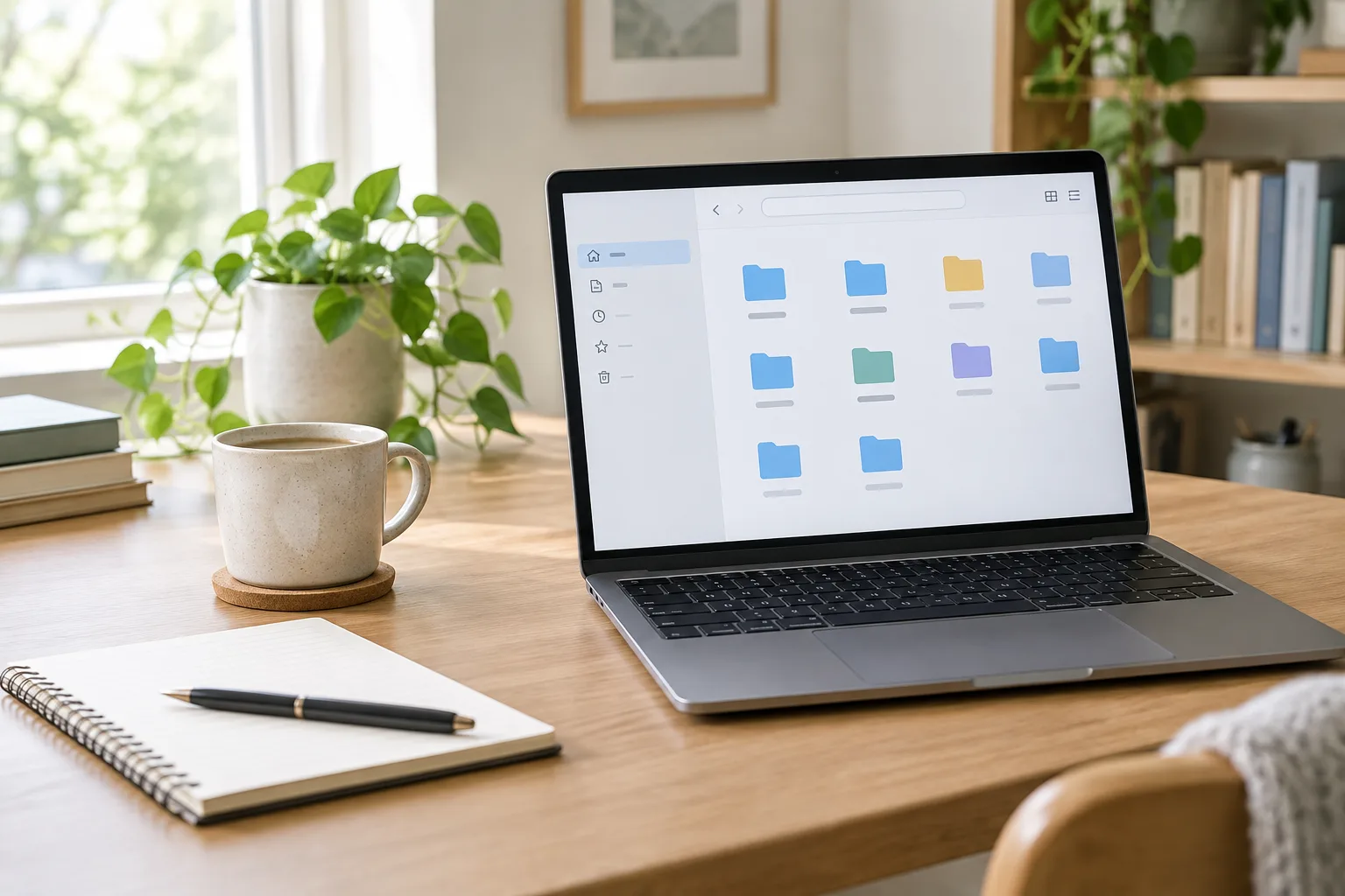 Ordinateur portable affichant une interface de classement de fichiers à côté d’un carnet.