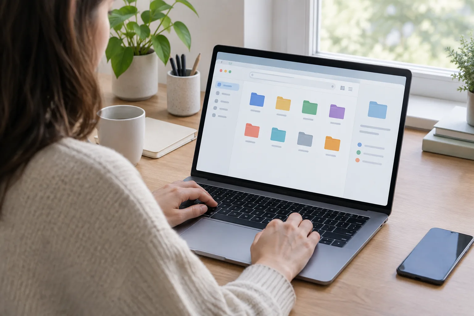 Un ordinateur portable ouvert sur une interface de dossiers, posé sur un bureau rangé.