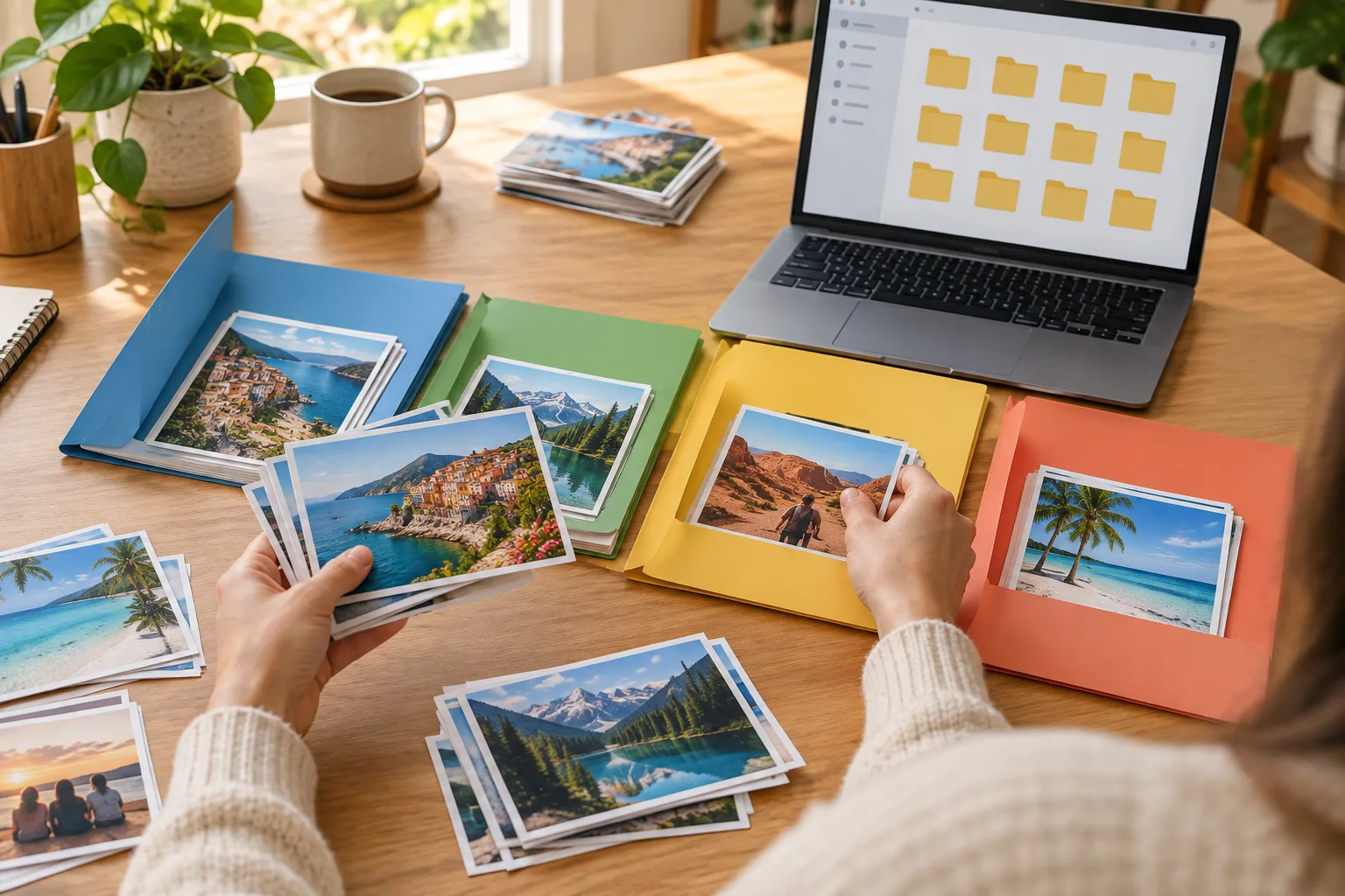 Des mains répartissent des photos de voyage dans des dossiers distincts, avec un ordinateur posé à proximité.
