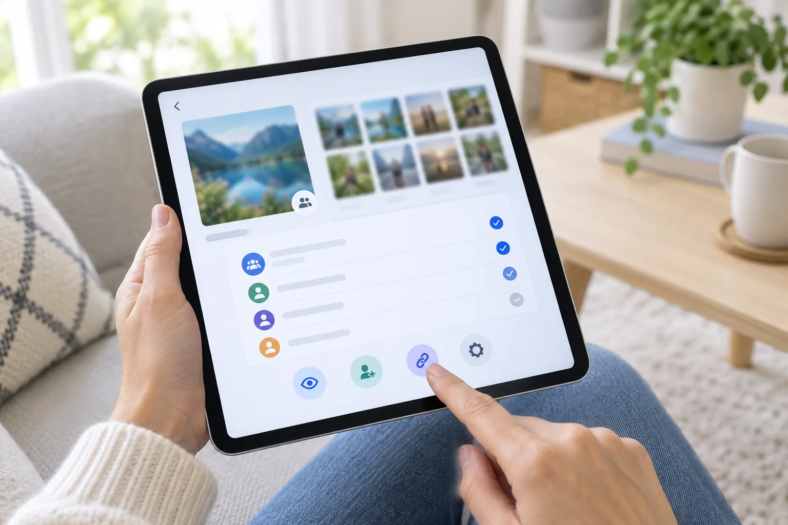 Une personne consulte les options de partage d’un album photo sur une tablette.