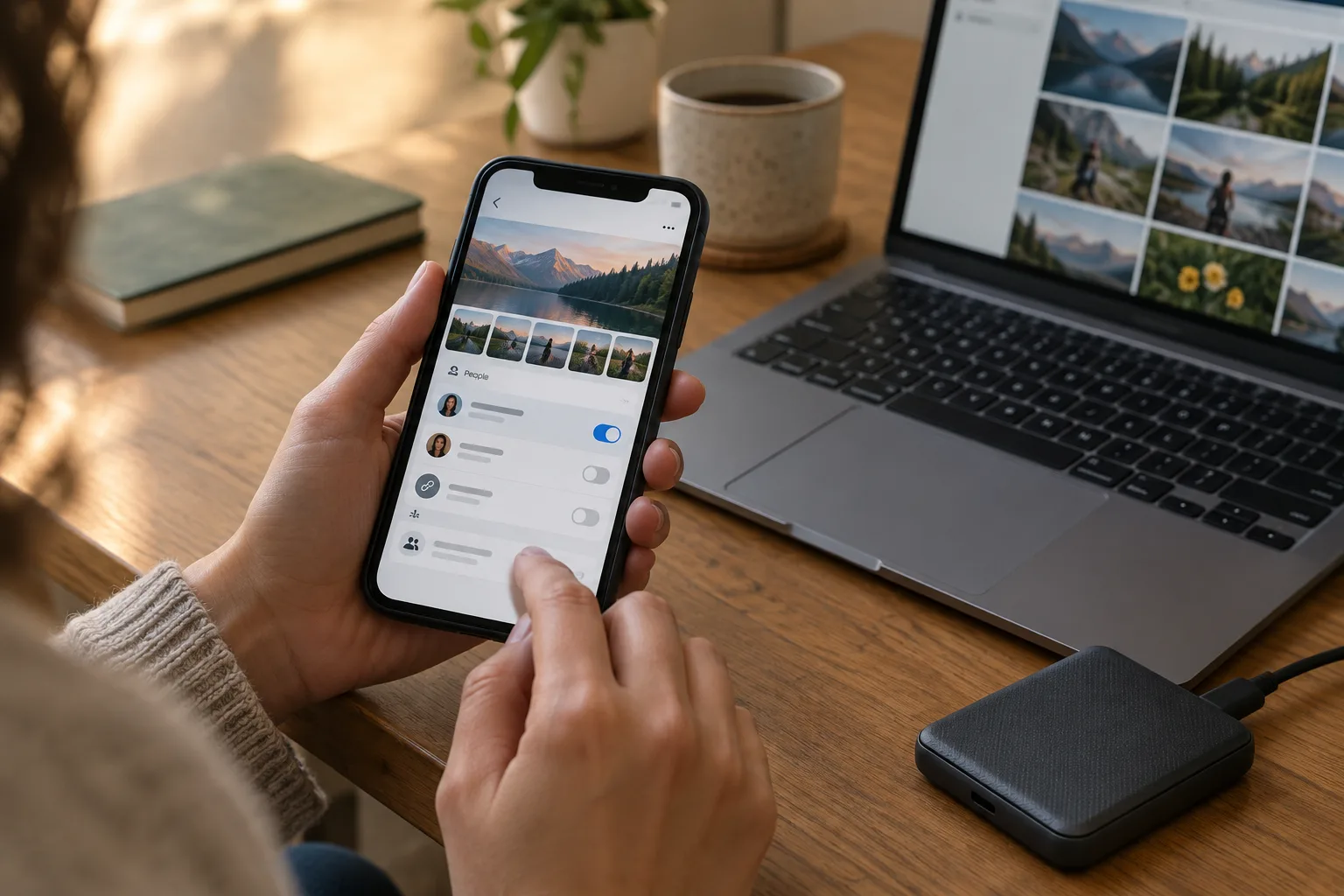 Une personne vérifie les réglages de partage d’un album photo sur son téléphone.