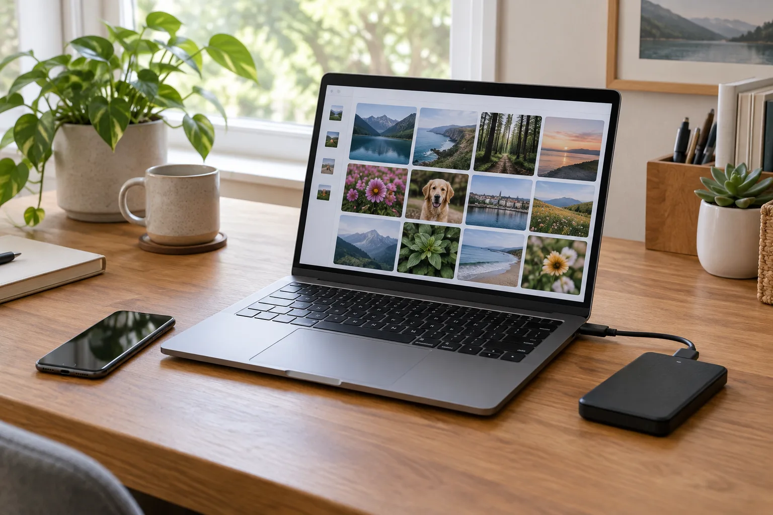 Un téléphone, un ordinateur et un disque externe réunis sur un bureau pour organiser une collection de photos.
