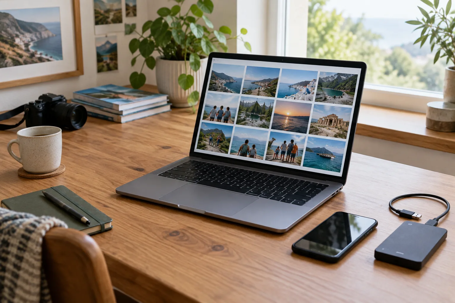 Un ordinateur, un téléphone et un disque externe réunis sur un bureau pour organiser et sauvegarder des photos.