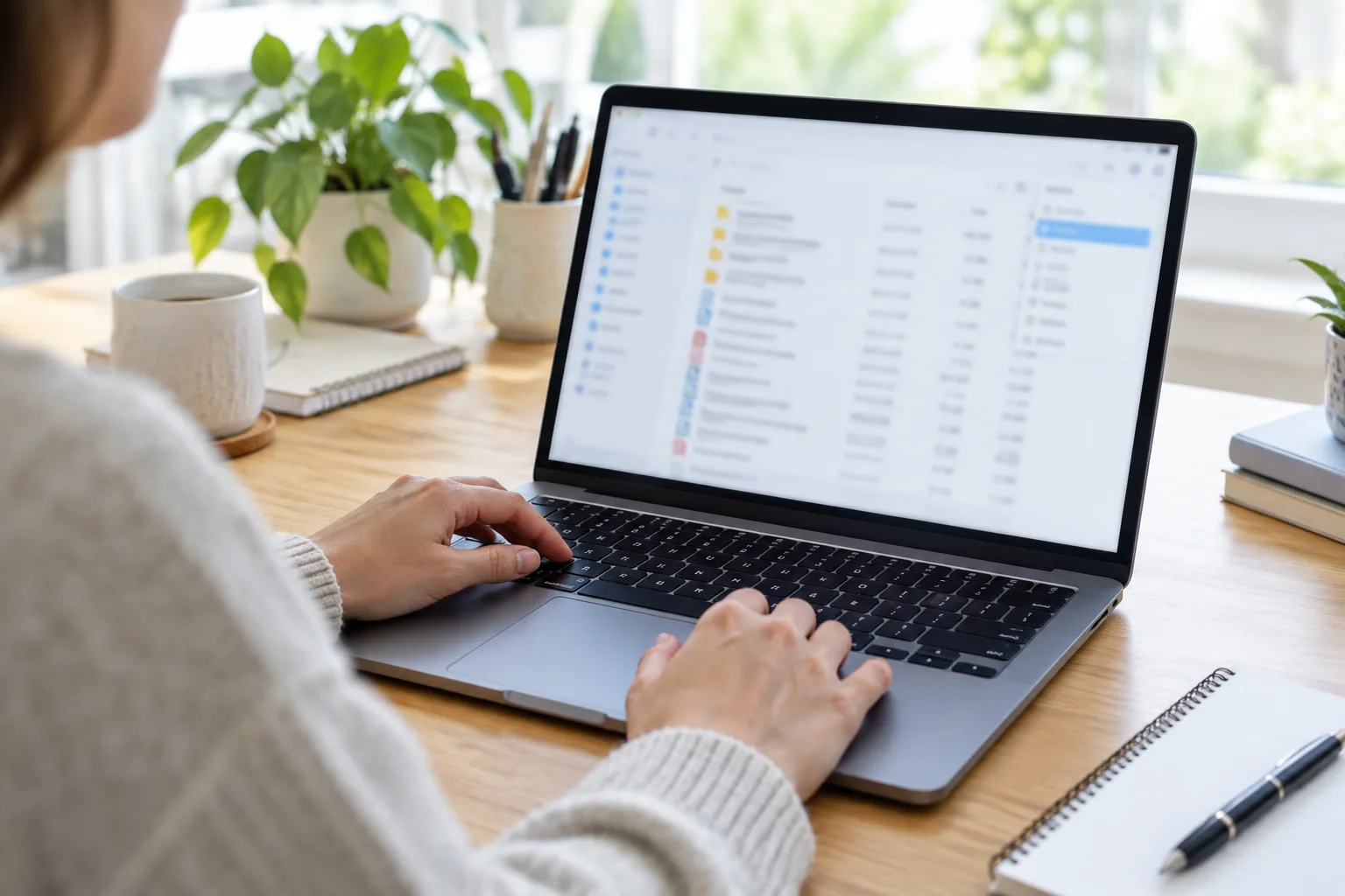 Des mains utilisent un ordinateur portable pour parcourir une liste de fichiers.