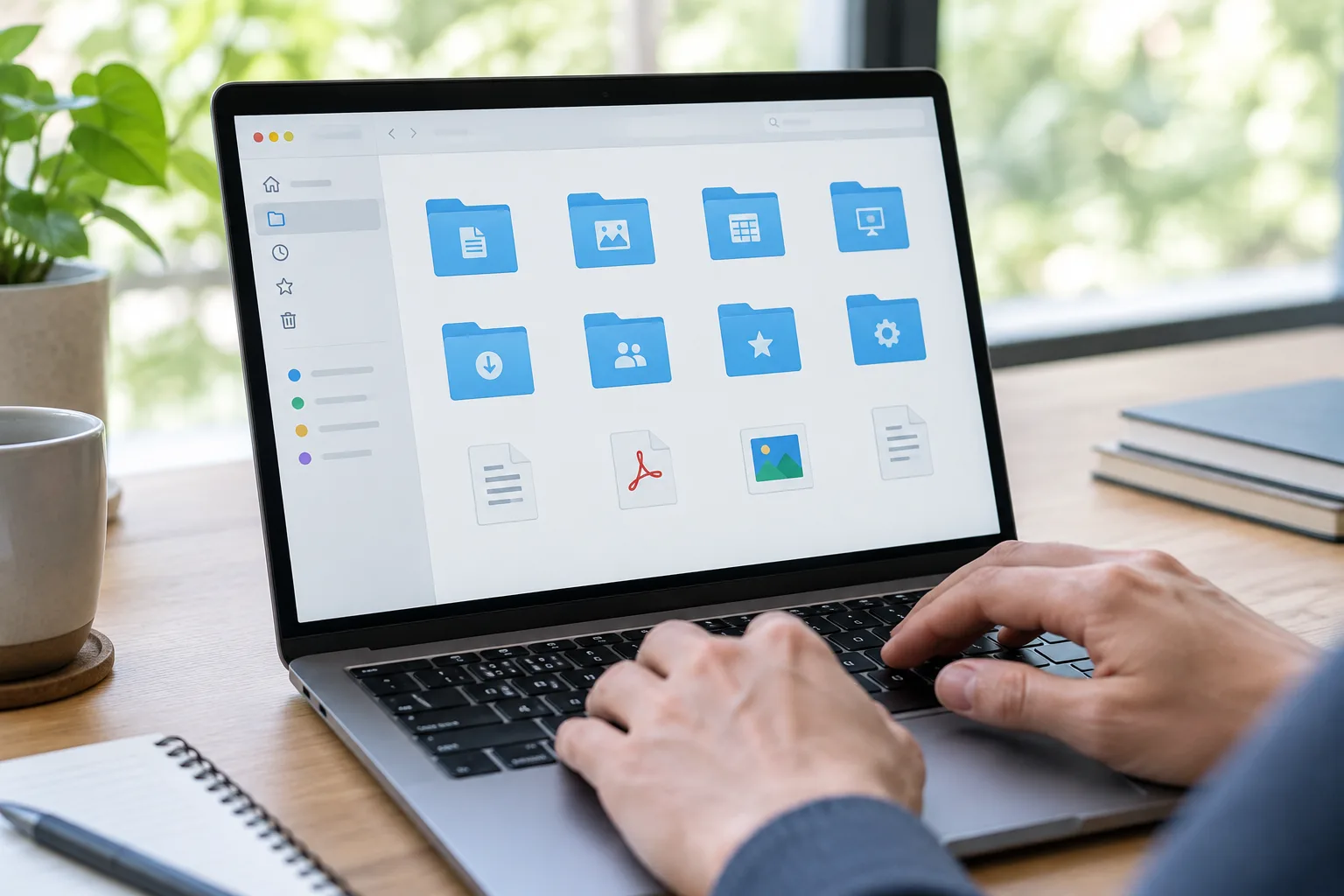 Mains au clavier devant un gestionnaire de fichiers organisé en quelques dossiers.