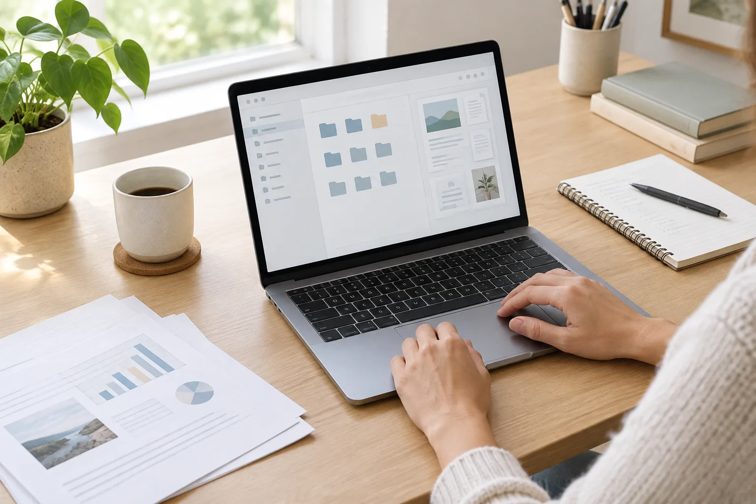 Un ordinateur portable ouvert sur une interface de fichiers, posé sur un bureau avec quelques documents.