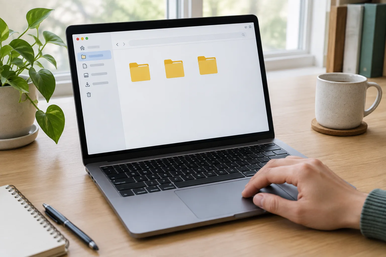 Gestionnaire de fichiers affichant trois dossiers séparés sur l’écran d’un ordinateur portable.