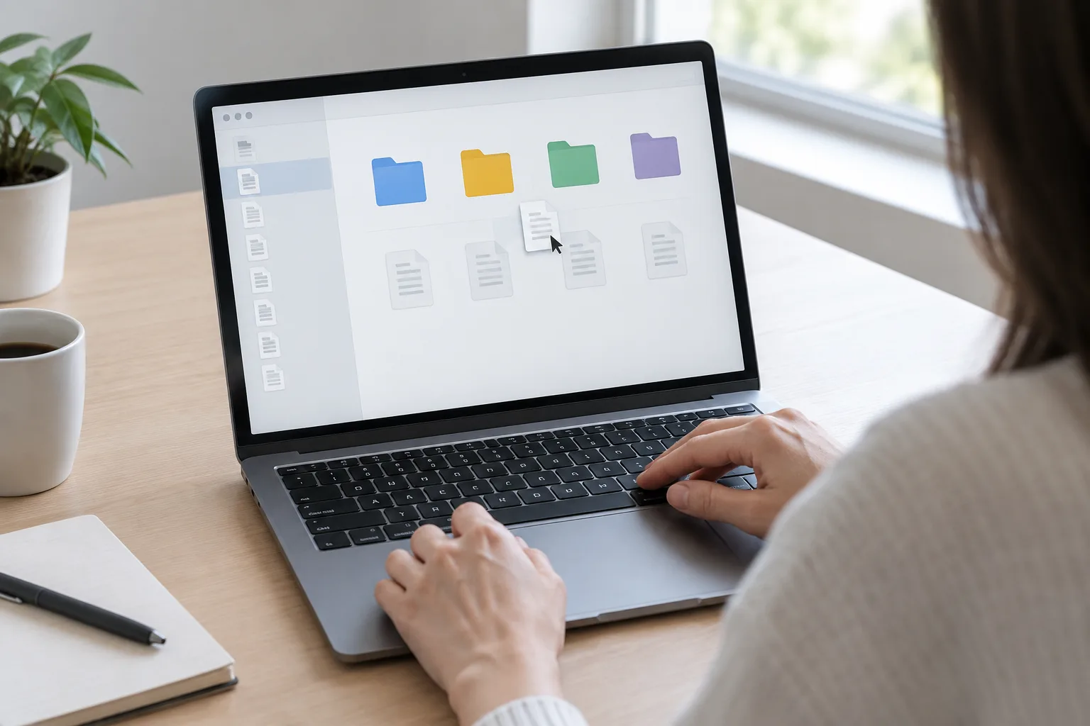 Des mains classent des documents dans plusieurs dossiers sur un ordinateur portable.