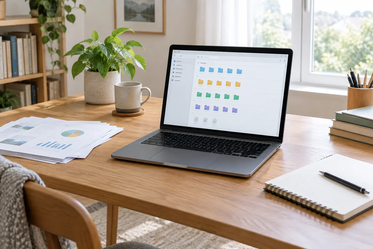 Ordinateur portable ouvert sur un gestionnaire de fichiers organisé, avec des papiers et un carnet posés sur le bureau.