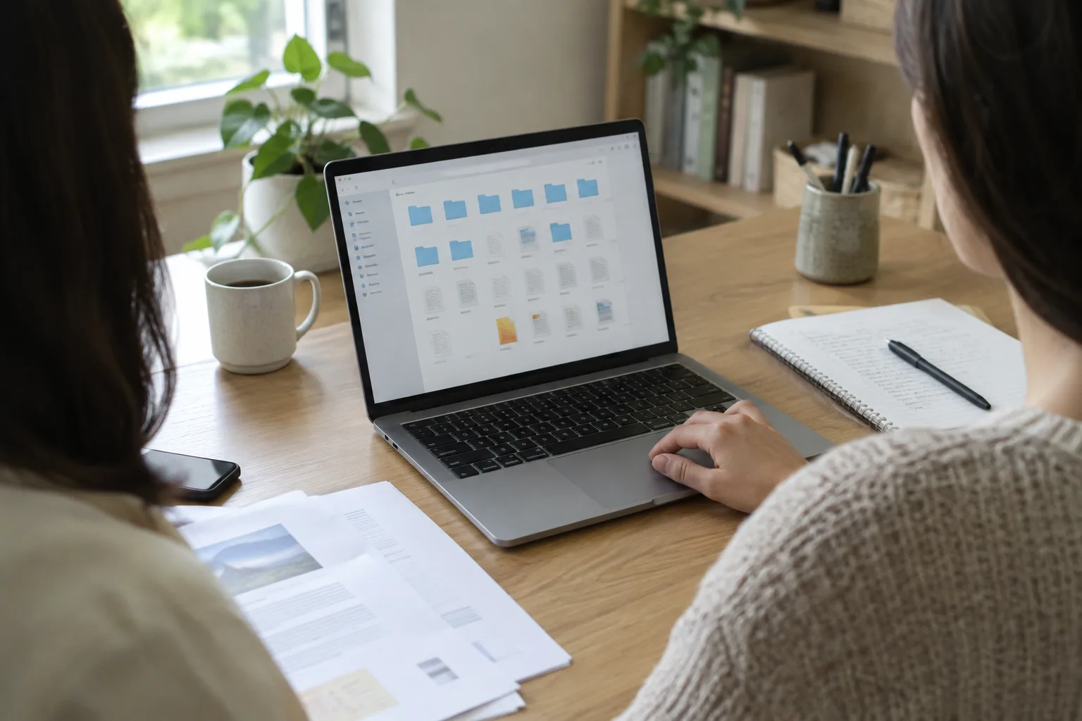 Un ordinateur portable ouvert sur une interface de fichiers, posé sur un bureau avec des papiers à classer.